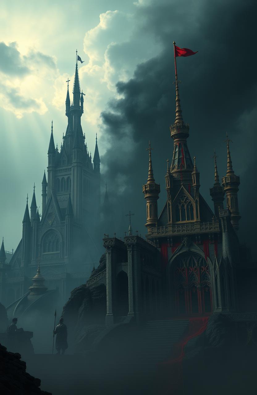 A cinematic and dramatic scene depicting two contrasting kingdoms in the background