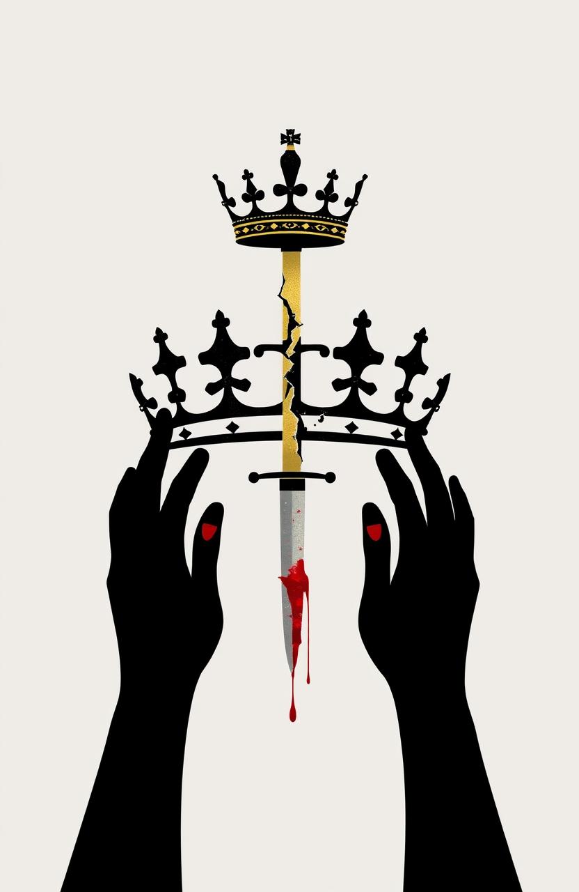 A minimalist and symbolic artwork featuring a crown split in two; one side is majestic while the other is cracked and stained with blood