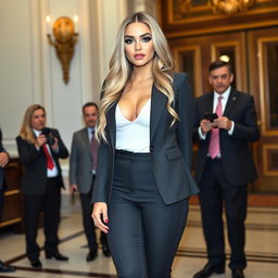 A stunning young woman with a sexy, sweet face and ultra curvy, sensuous body, showcasing her long, flowing blonde hair