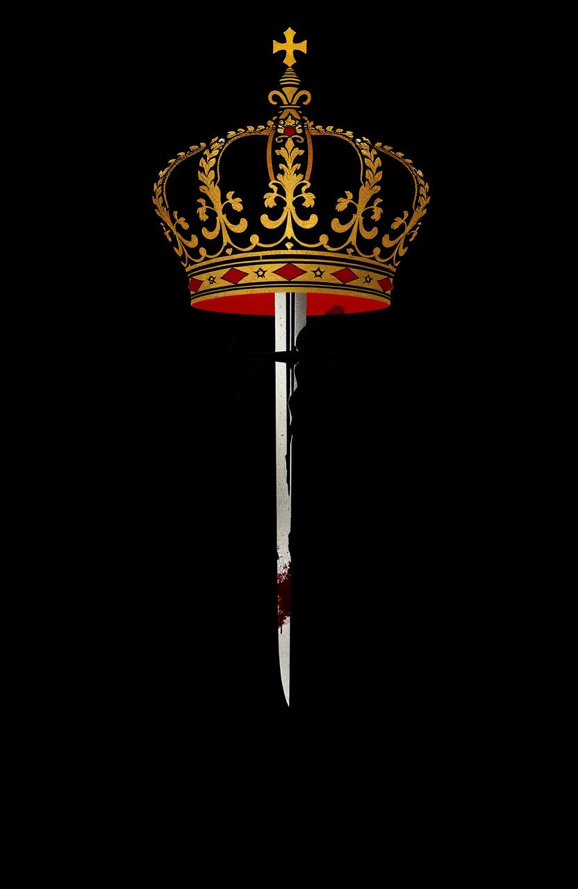 A minimalist and symbolic image featuring a crown split in two halves—one lavish and majestic, the other cracked and stained with dark blood