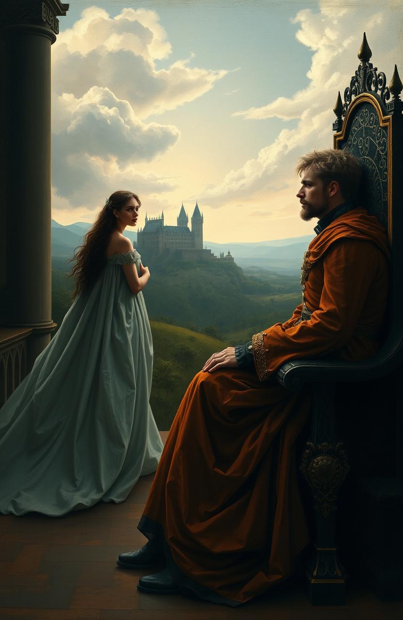 A Renaissance-style painting featuring Rheon sitting on his throne with a cold expression, while Ellaria stands in the distance, her gown billowing in the wind
