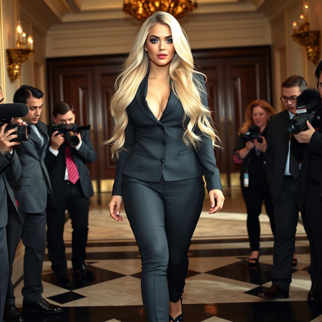 A beautiful young woman with a sexy, sweet thin face and ultra curvy, sensuous figure, showcasing her long, flowing blonde hair