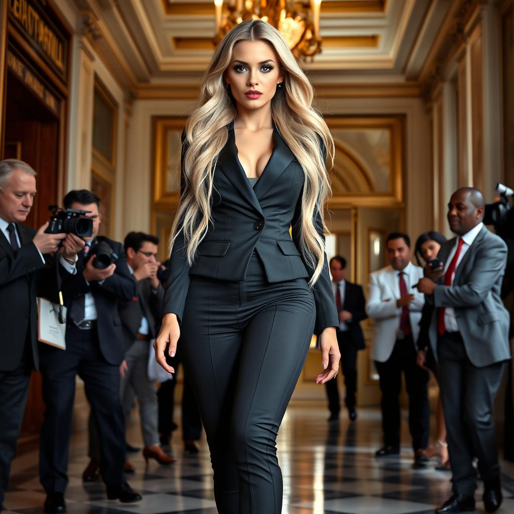 A stunning young woman with a seductive, sweet thin face and ultra curvy, sensuous figure, showing off her long, flowing blonde hair