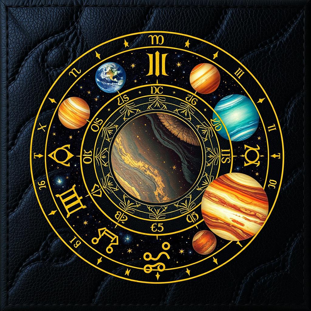 A cosmic scene showcasing the planets of the zodiac, artistically intertwined with elements of astrology