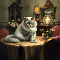 A charming Victorian-style painting depicting a cat delicately drinking milk from a glass goblet