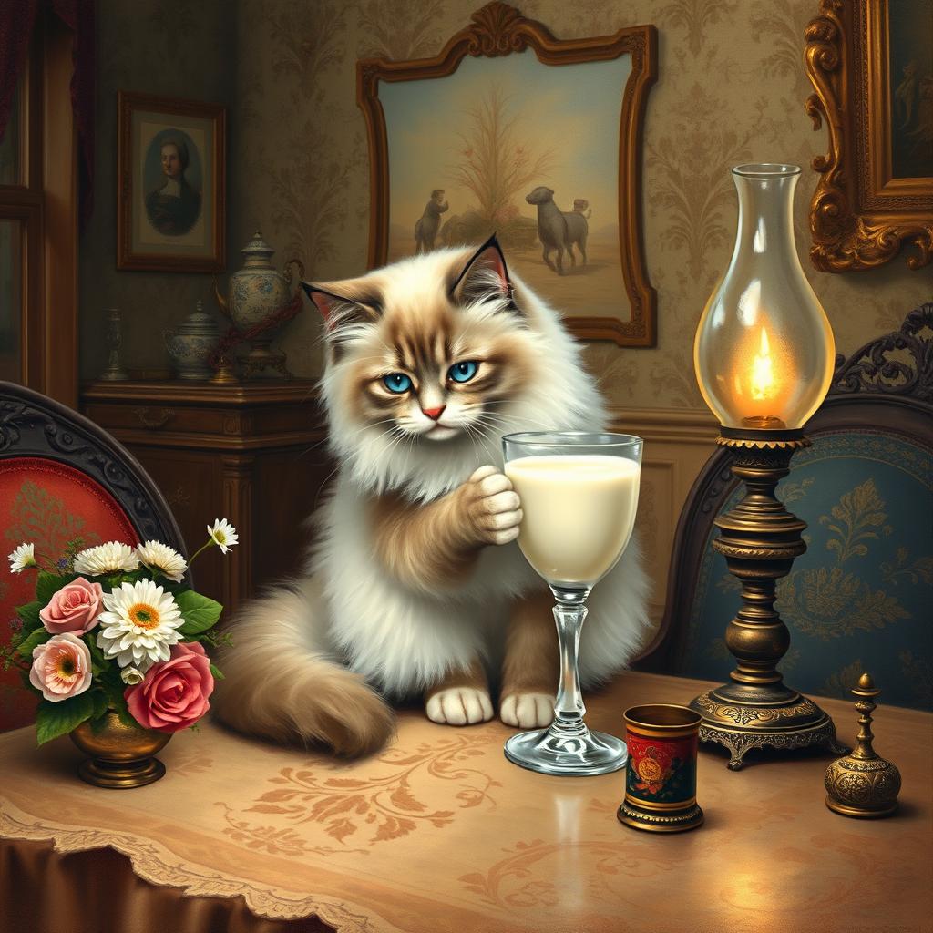 A charming Victorian-style painting depicting a cat delicately drinking milk from a glass goblet