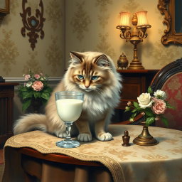 A charming Victorian-style painting depicting a cat delicately drinking milk from a glass goblet