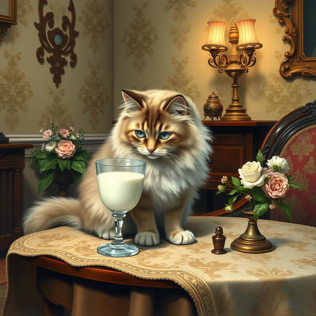 A charming Victorian-style painting depicting a cat delicately drinking milk from a glass goblet