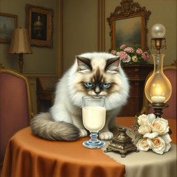 A charming Victorian-style painting depicting a cat delicately drinking milk from a glass goblet