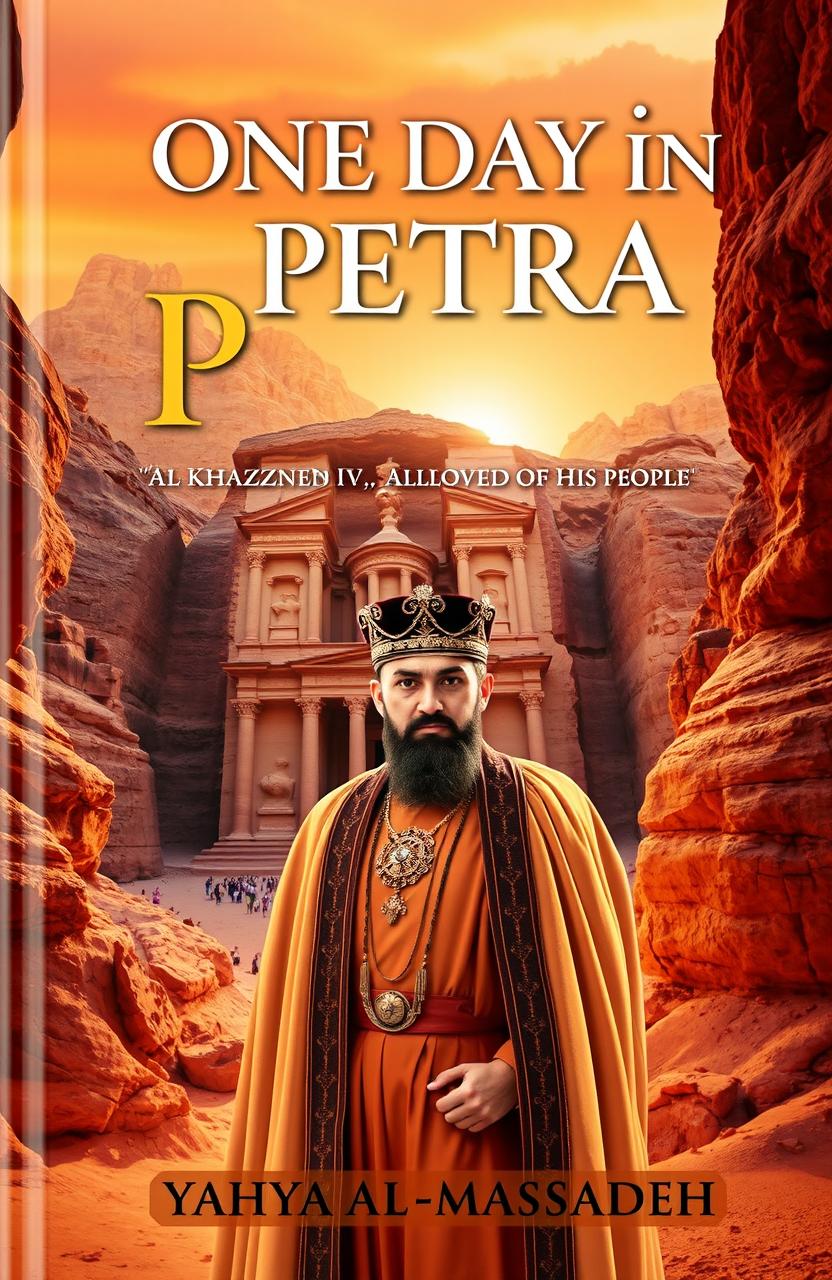 A stunning book cover for 'One Day in Petra: The Story of King Aretas IV, Beloved of His People' by Yahya Al-Masaadeh