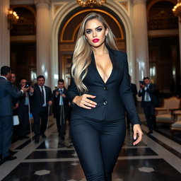 A stunning young woman with a sexy, sweet thin face and ultra curvy, sensuous body, characterized by her long, flowing blonde hair