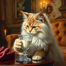 A Victorian-style painting featuring an elegant cat drinking milk from a crystal glass