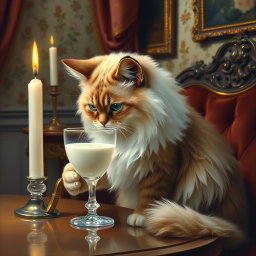 A Victorian-style painting featuring an elegant cat drinking milk from a crystal glass