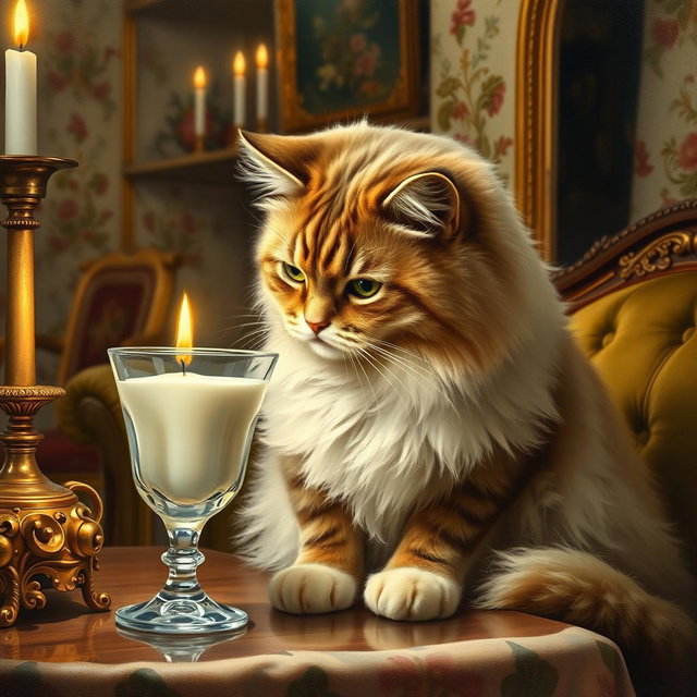 A Victorian-style painting featuring an elegant cat drinking milk from a crystal glass