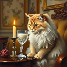 A Victorian-style painting featuring an elegant cat drinking milk from a crystal glass