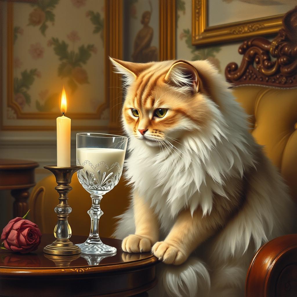 A Victorian-style painting featuring an elegant cat drinking milk from a crystal glass