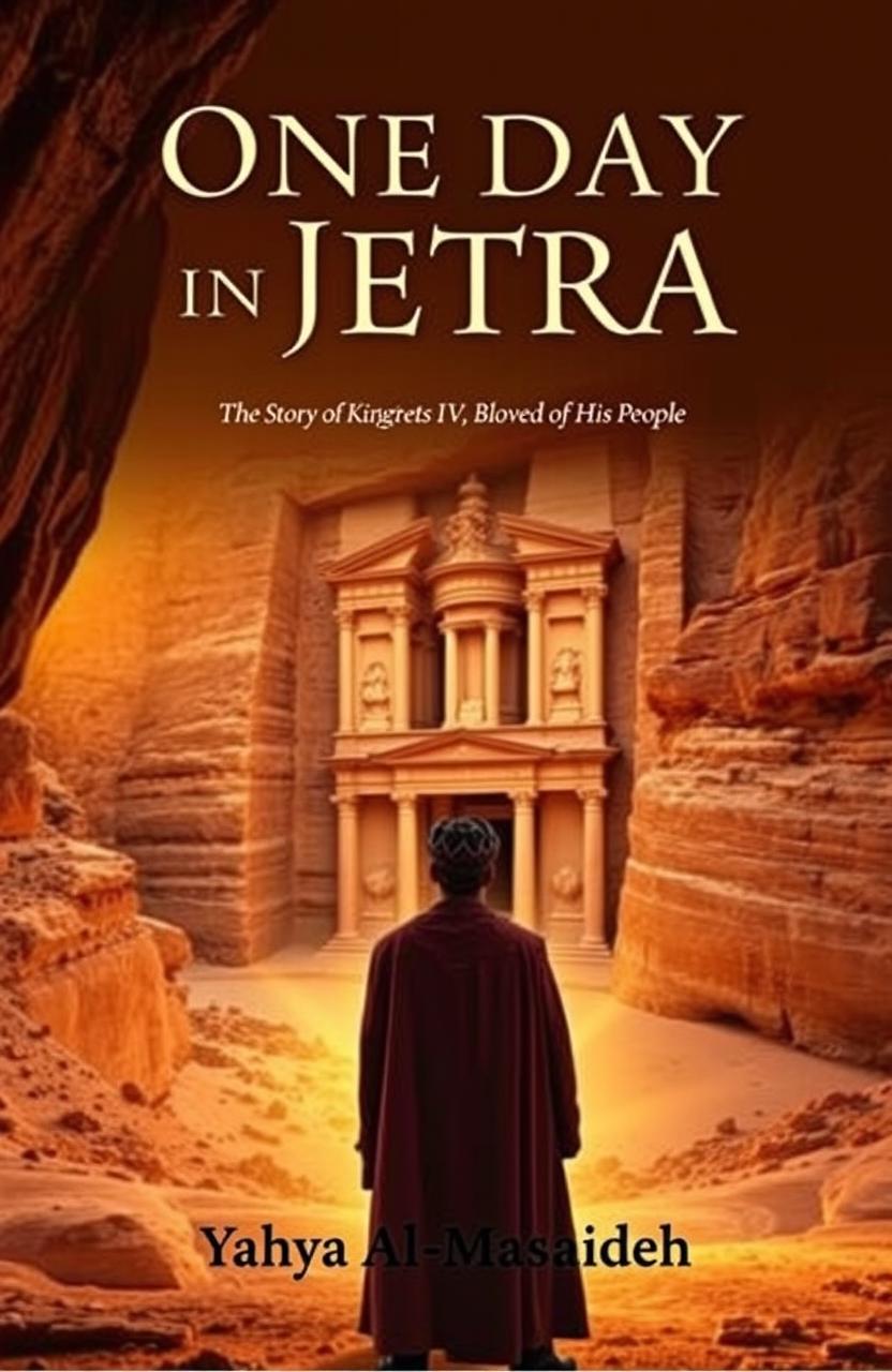 A captivating book cover for 'One Day in Petra' showcasing the ancient City of Petra with its magnificent rock-cut architecture