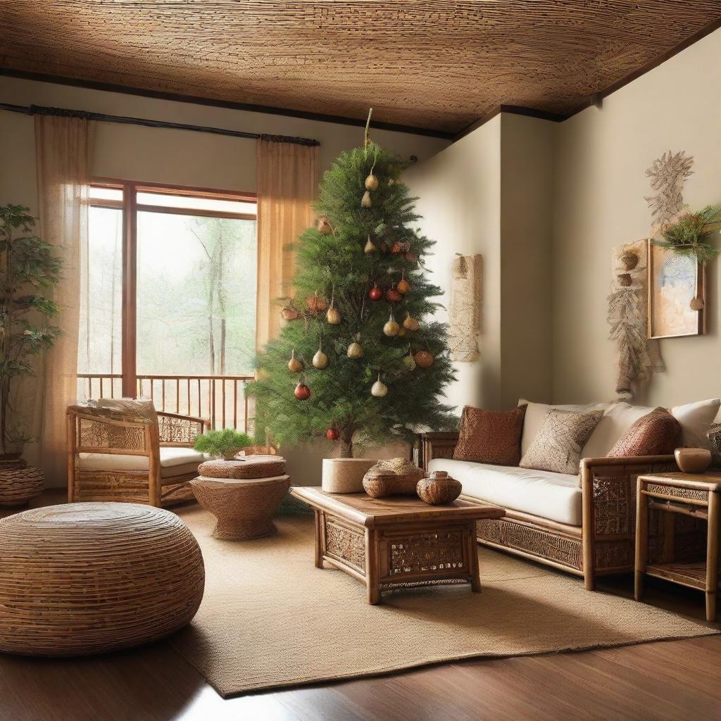 A harmonious blend of Javanese and Japanese design for a living room adorned with handcrafted bamboo and rattan furniture from Java craft. A beautifully decorated Christmas tree stands in one corner, surrounded by wrapped gifts, merging holiday cheer with Eastern serene aesthetics and nature-inspired elements.