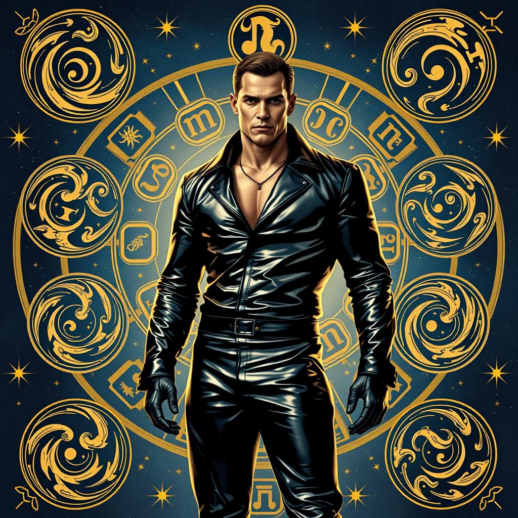 A striking depiction of a zodiac-themed scene featuring the twelve zodiac signs intricately illustrated with bold, elegant designs