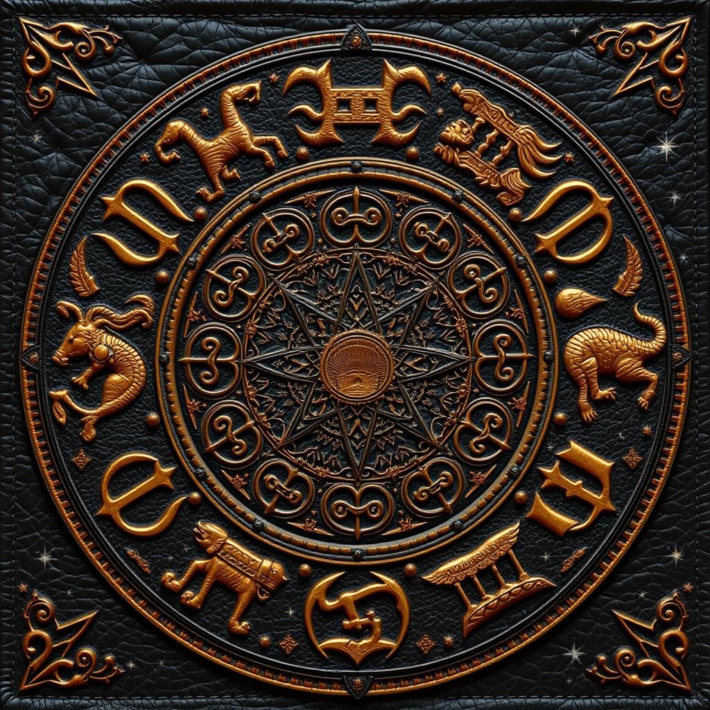 A mystically themed representation of the zodiac signs, interwoven with elements of black leather