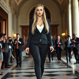 A captivating young woman with a sexy, sweet thin face and ultra curvy, sensuous body, featuring long blonde hair