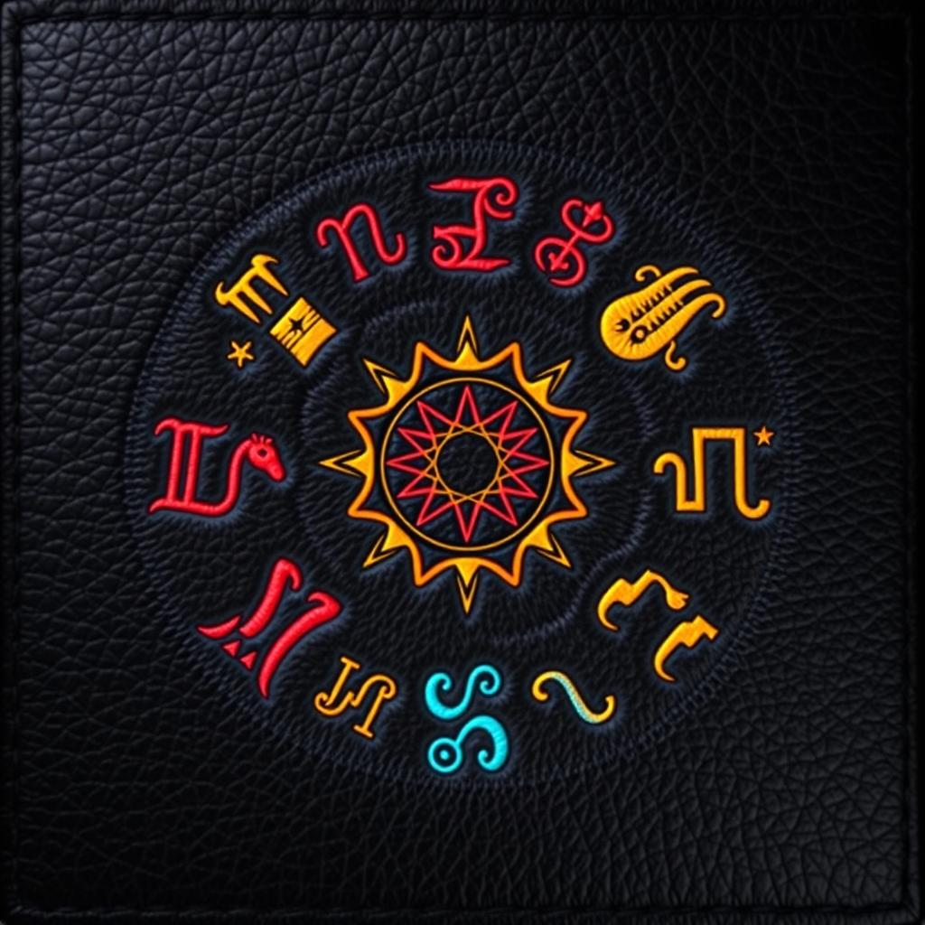 A striking representation of the zodiac signs, intricately designed and embossed on a sleek black leather background
