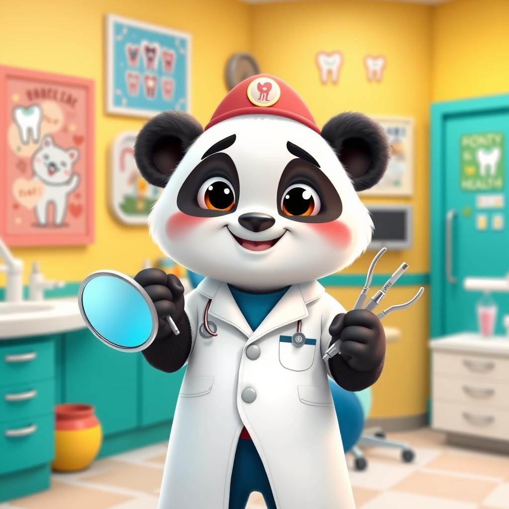 A cartoon character named Shifu, resembling a wise panda, dressed in a dentist's white coat with a dental mirror and tools in his paws
