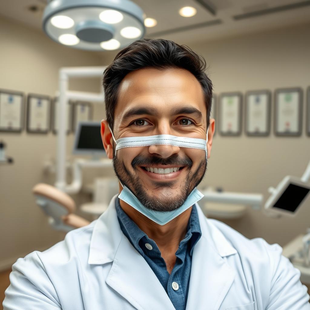A portrait of an experienced dentist named استاد شیفو, who is confidently working in a modern dental clinic