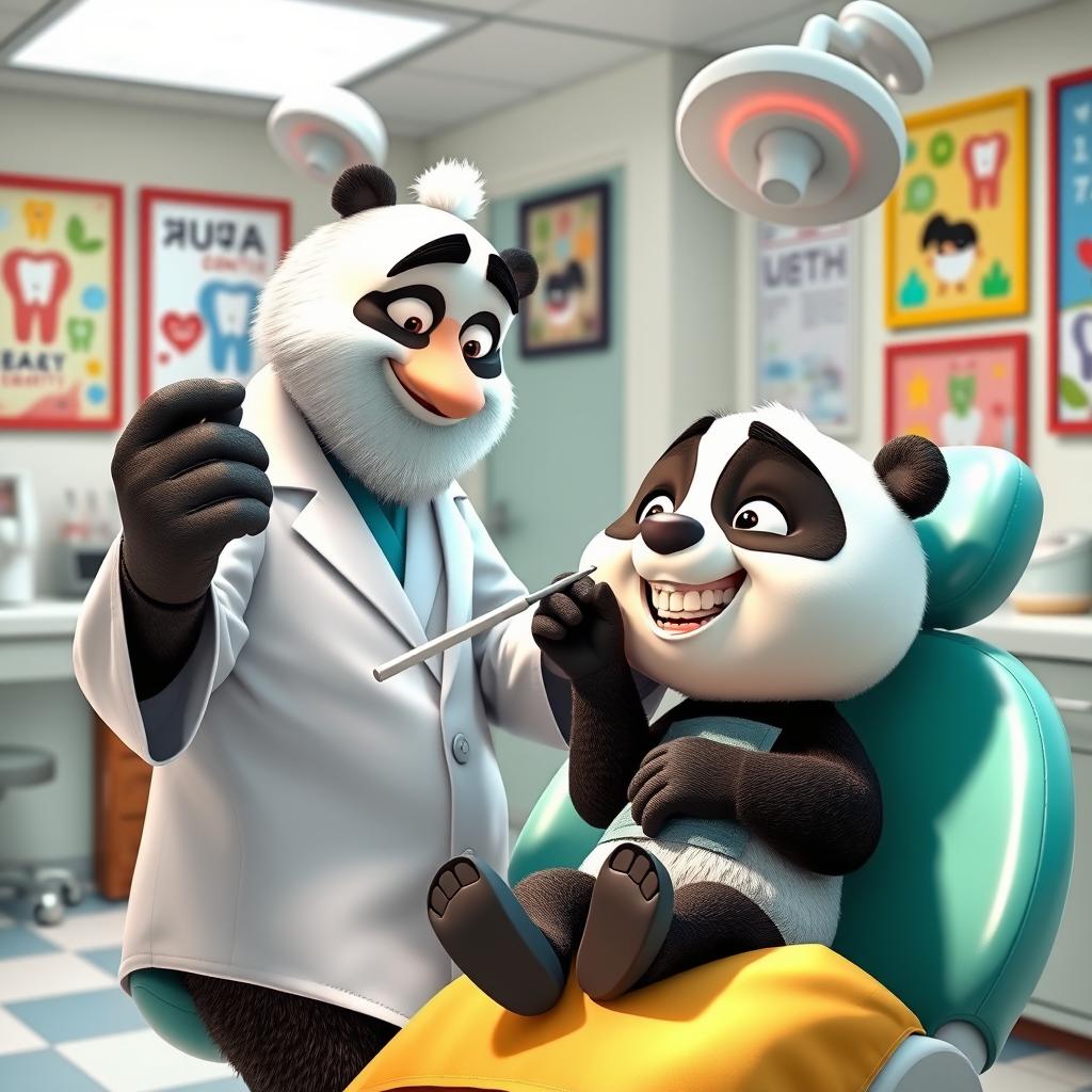 A whimsical scene of Master Shifu, the wise and skilled master from Kung Fu Panda, now dressed as a dentist