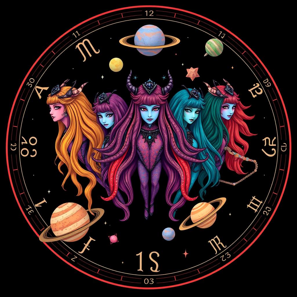 A stunning illustration of the zodiac signs represented as celestial figures with vibrant colors, each one intricately designed