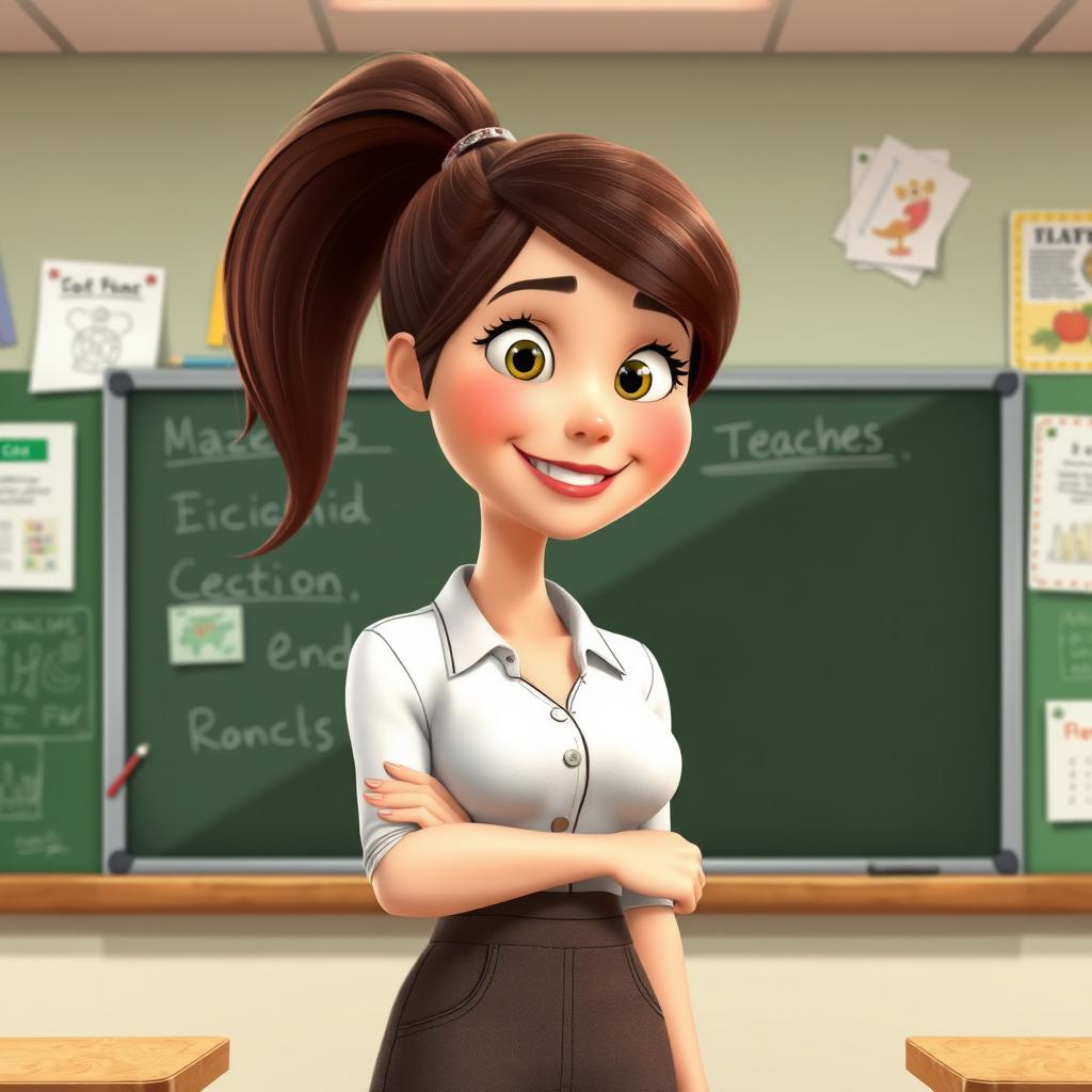 A Pixar-style female teacher standing in front of a blackboard, possibly holding a pointer