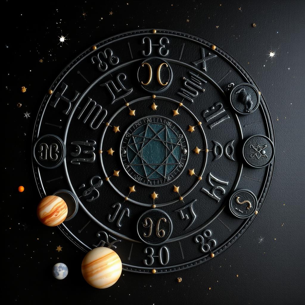 A cosmic scene that features all twelve zodiac signs represented in a stylish and artistic manner, each sign intricately detailed and encased in black leather textures, situated against a deep black background with hints of shimmering stars and celestial elements