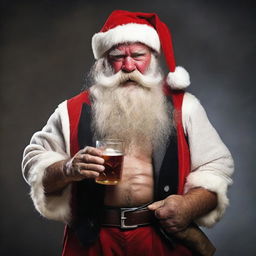 An utterly rugged Santa Claus after a grueling 24-hour shift, his suit in tatters, bare chest, face deeply creased, wild beard, matted hair, holding a lit cigar in one hand and a glass of whiskey in the other.