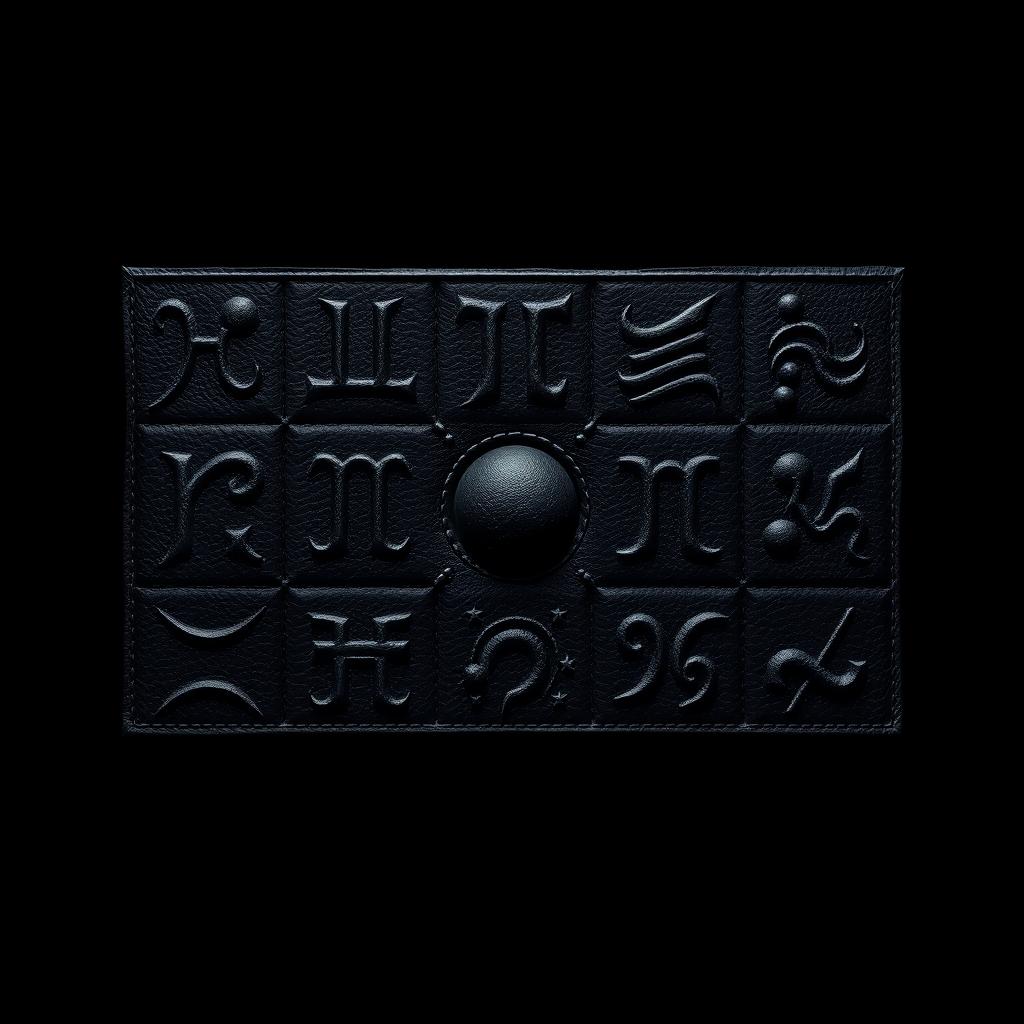 A striking visual representation of the zodiac signs, each symbol intricately designed in black leather texture, arranged in a rectangular formation against a deep black background