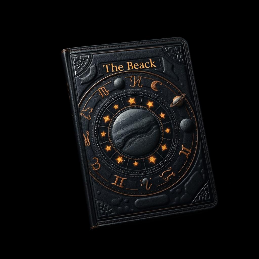 A stunning book cover design featuring a cosmic theme with zodiac signs artistically represented in an elegant black leather texture