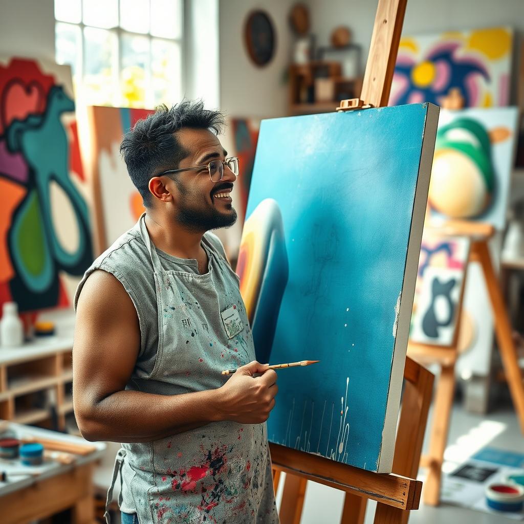 An artist named Shifo passionately painting a tooth on a large canvas