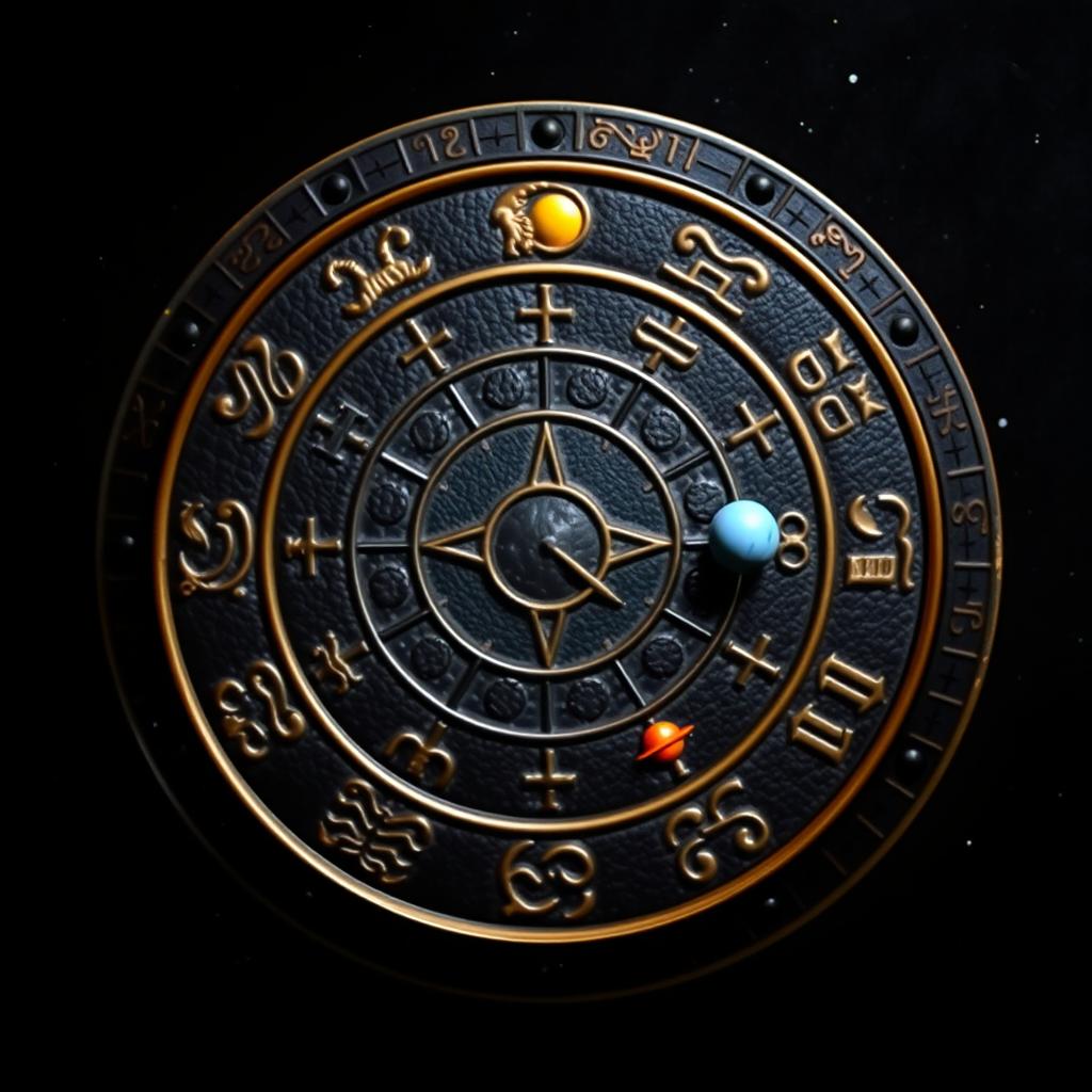 A visually striking composition featuring a zodiac wheel against a deep black background