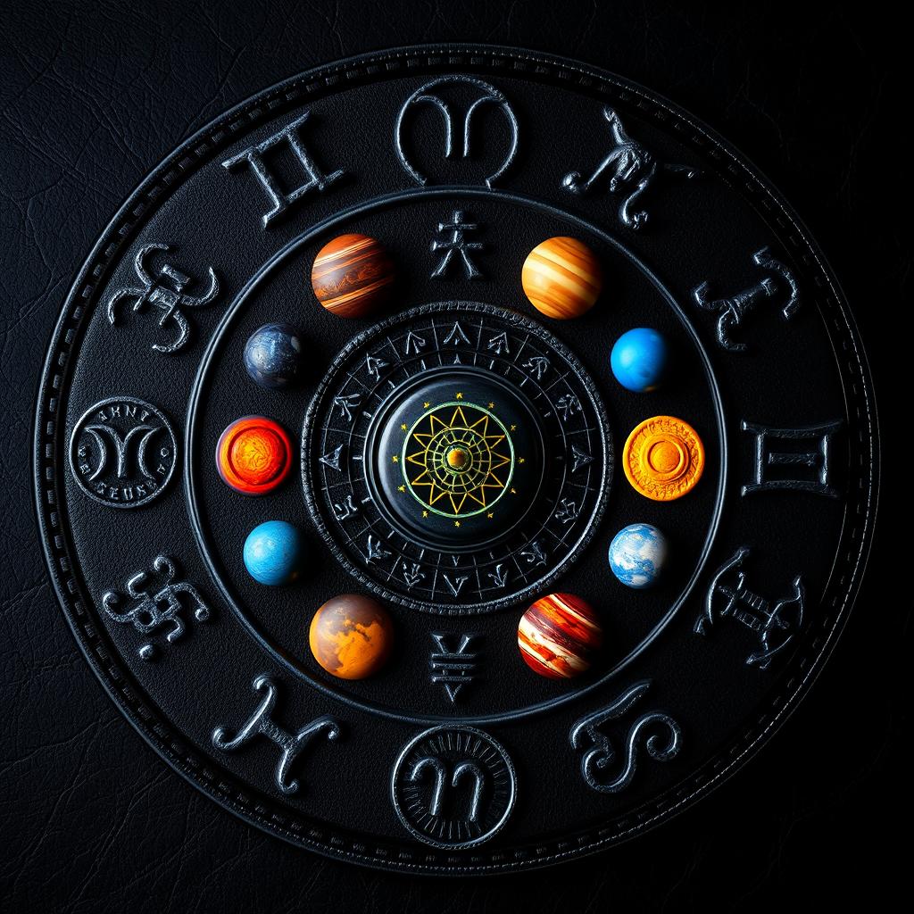 A stunning zodiac-themed artwork featuring the twelve astrological symbols arranged in a circular pattern