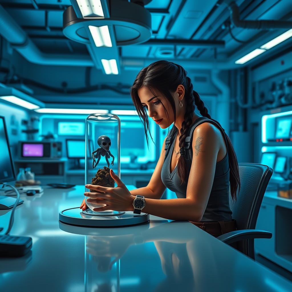 Lara Croft, with her iconic braided hair and adventurous attire, is sitting at a sleek desk in a futuristic laboratory