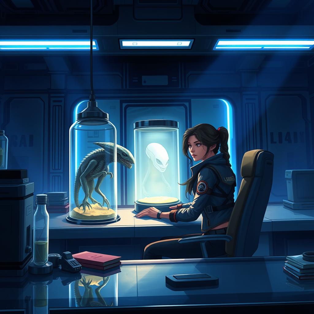 A highly detailed and vivid illustration of Lara Croft, wearing a Mongrel Mob jacket, sitting confidently at a sleek desk inside a futuristic laboratory