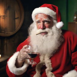 An utterly rugged Santa Claus after a grueling 24-hour shift, his suit in tatters, bare chest, face deeply creased, wild beard, matted hair, holding a lit cigar in one hand and a glass of whiskey in the other.