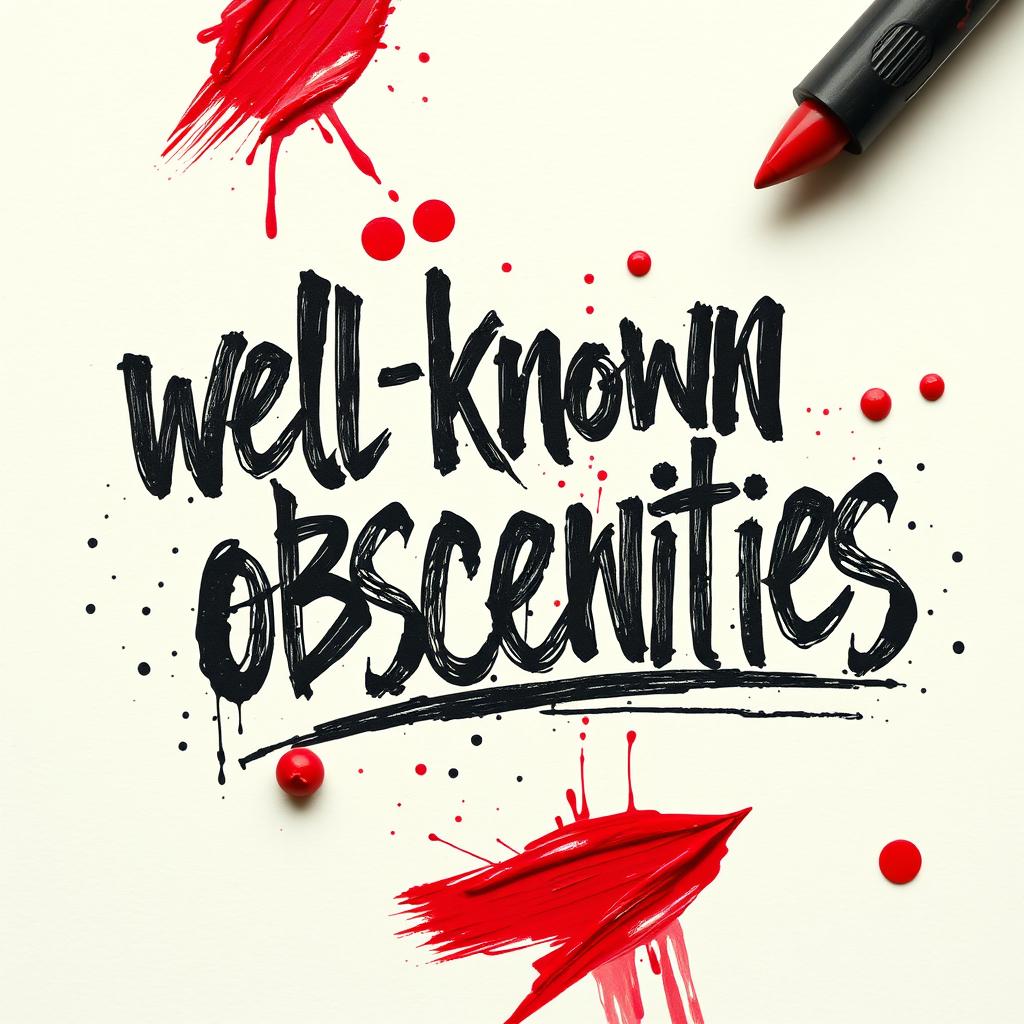 A creative and expressive artwork featuring the phrase 'well-known obscenities' intricately crafted in black crayon, bold and dynamic, set against a textured white background