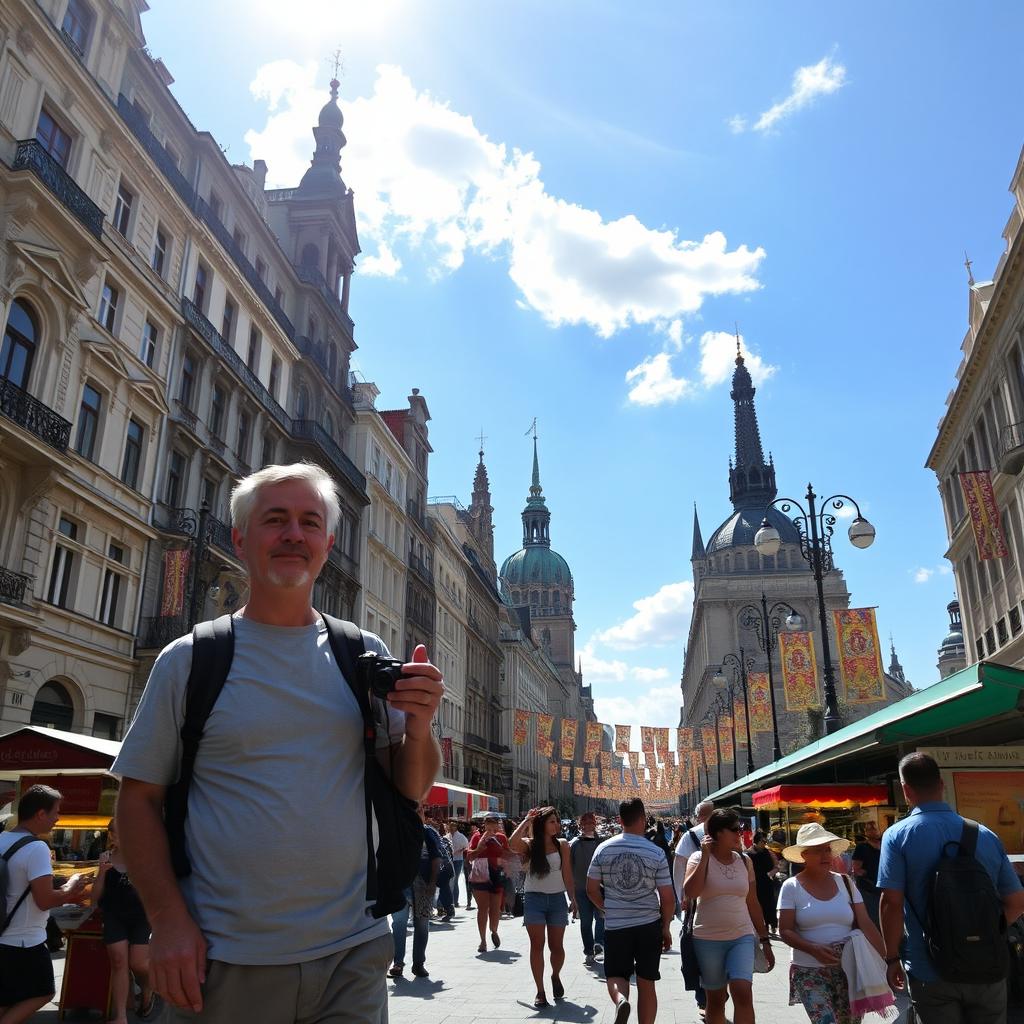 A tourist exploring a vibrant cityscape, with tall historic buildings and busy streets