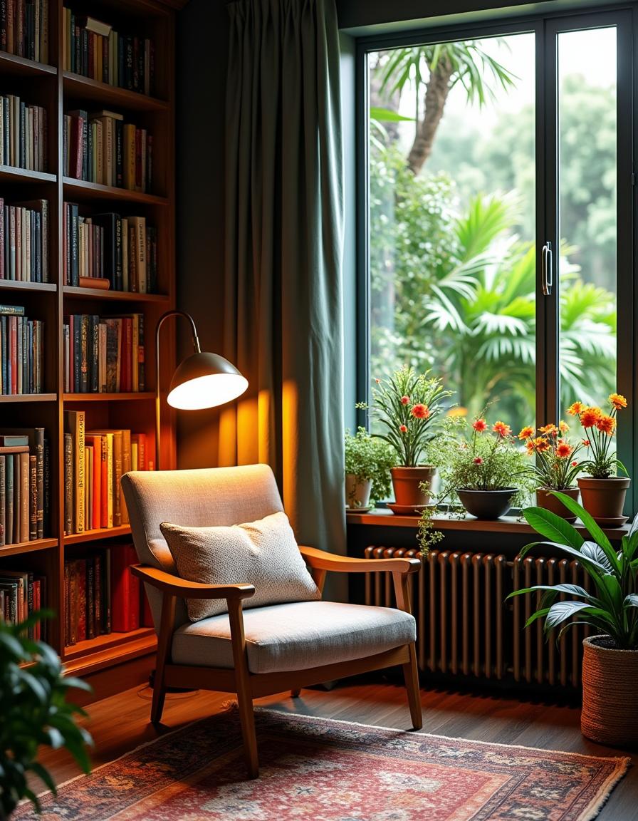 A cozy home library designed in landscape orientation, featuring numerous shelves brimming with books, creating an inviting and warm atmosphere