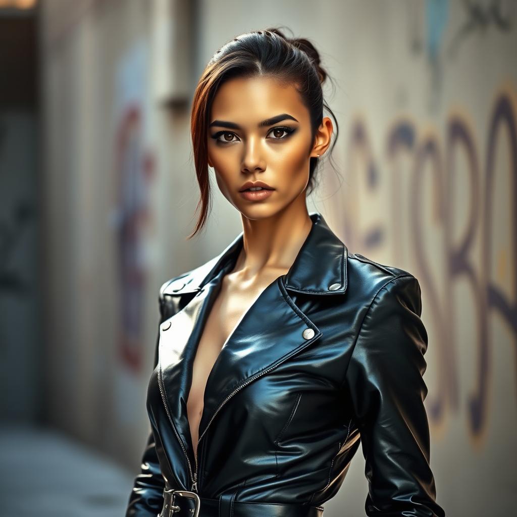A striking portrait of a confident individual dressed in a sleek black leather outfit, exuding an aura of sophistication and strength