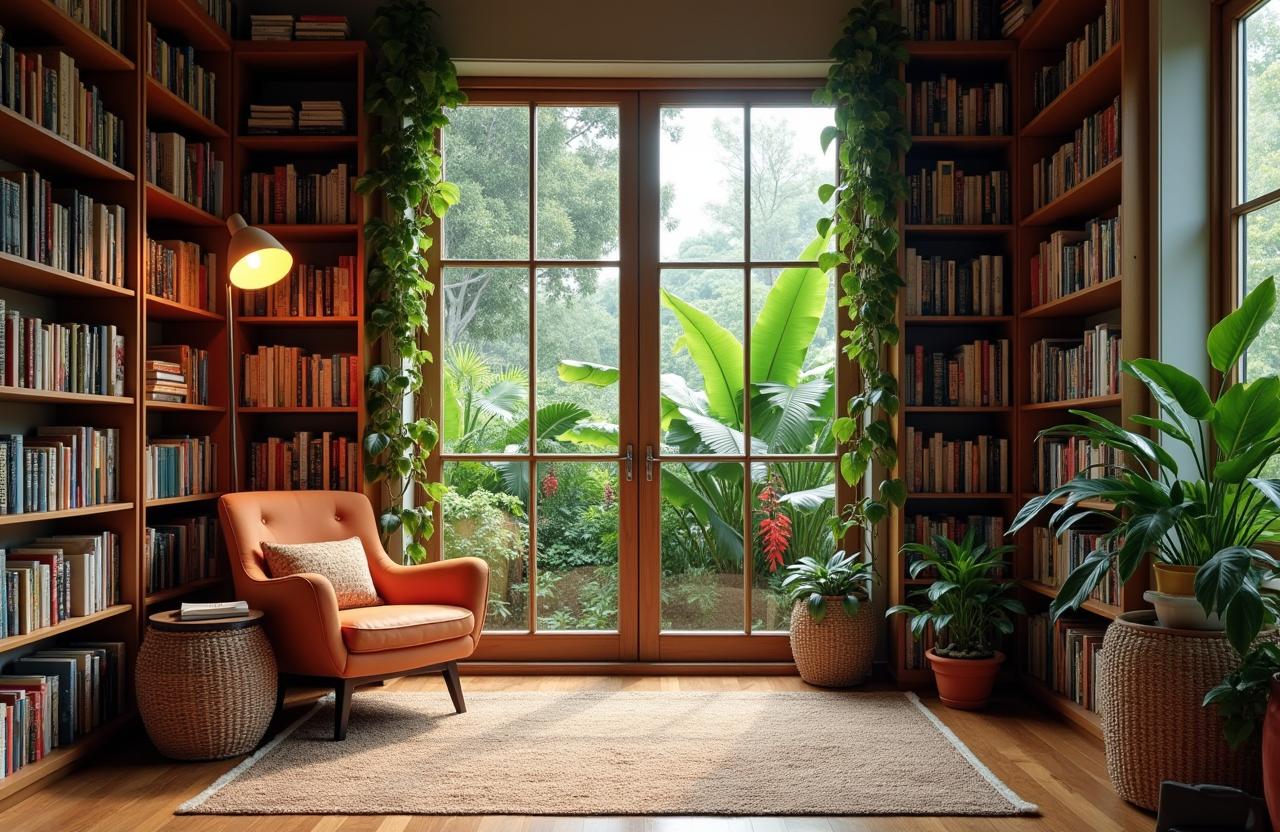 A cozy home library depicted in landscape orientation, featuring an abundance of bookshelves filled with a rich variety of books, creating a warm and inviting environment