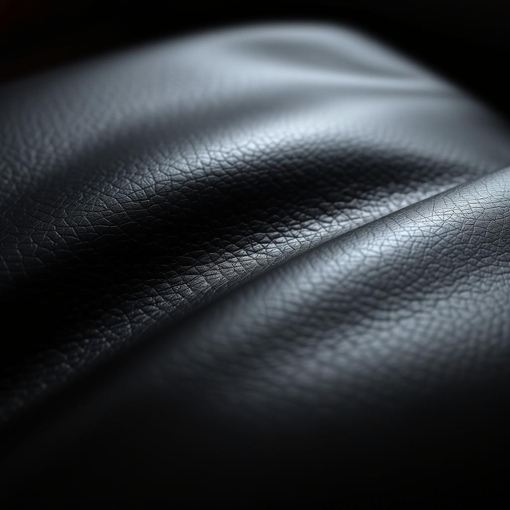 A close-up of luxurious black leather, showcasing the rich texture, smooth surface, and subtle sheen