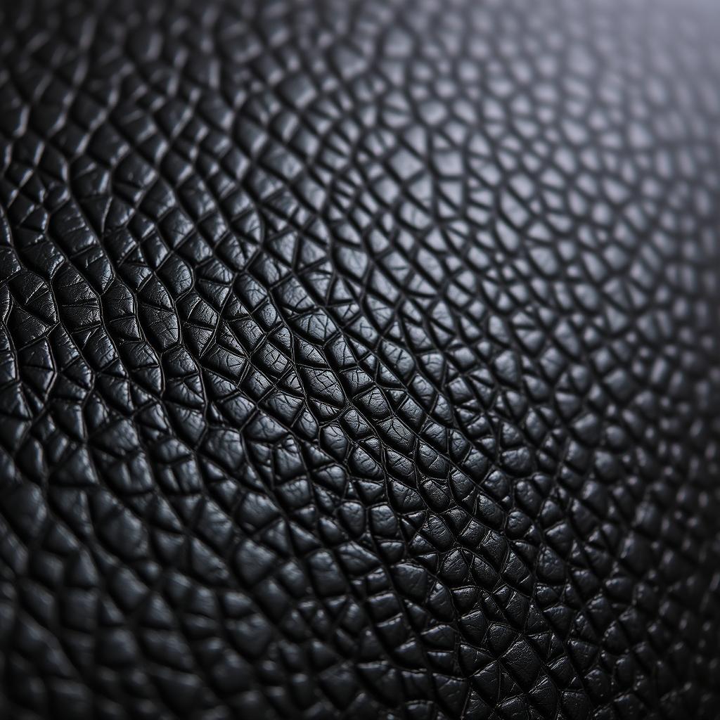A close-up view of a textured black leather surface, showcasing intricate details such as fine grain patterns, subtle creases, and a slight sheen that catches the light