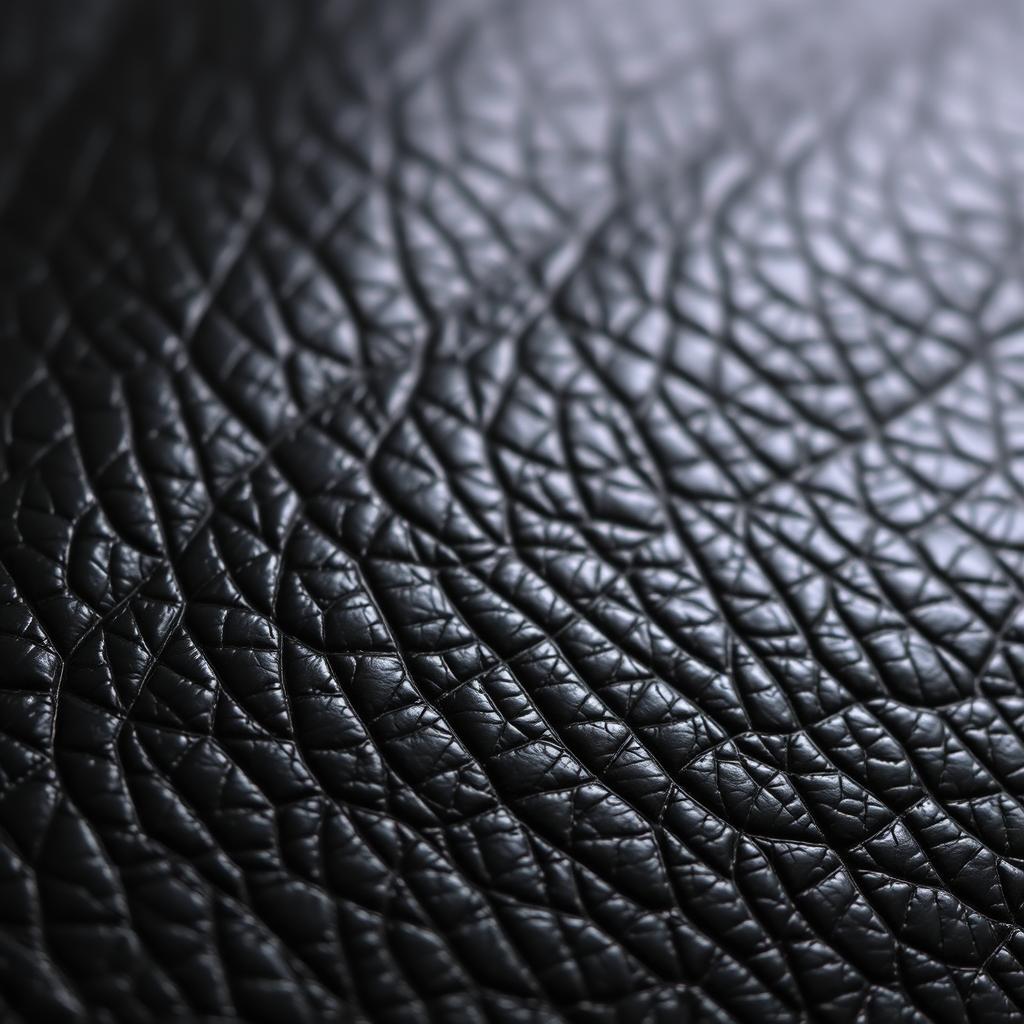 A close-up of black leather texture, showcasing its rich, smooth surface with subtle grain patterns