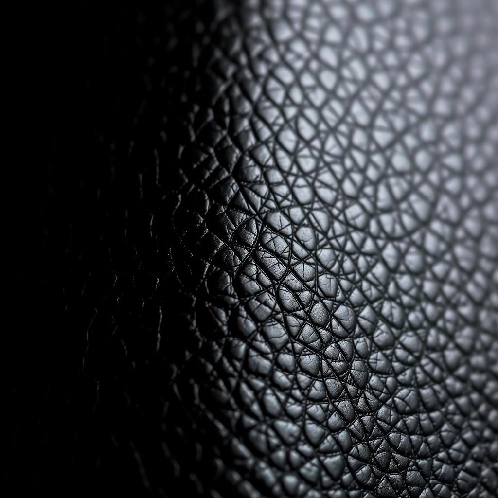 A beautifully detailed close-up of black leather texture, showcasing its smooth surface, subtle shine, and intricate grain patterns